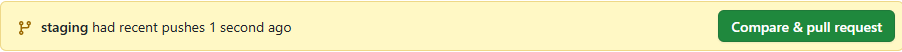 GitHub banner showing that staging had recent pushes and offering Compare and pull request